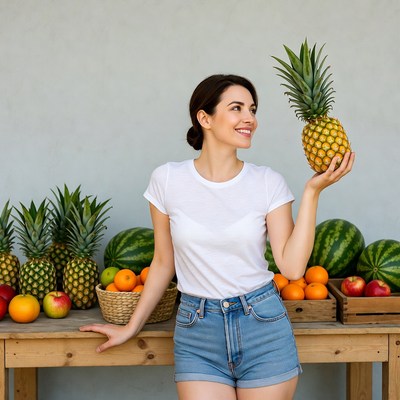 Woman holding pineapple at fruit stand