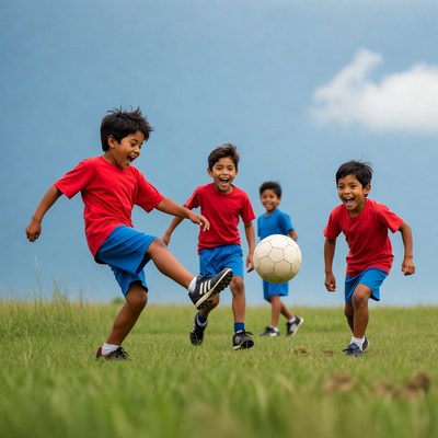 Boys playing soccer on grass field