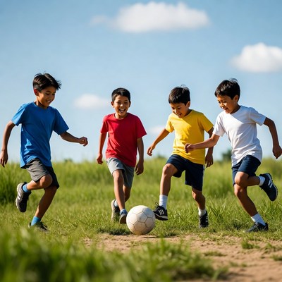 Four Asian boys playing soccer in grass