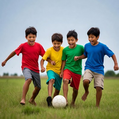 Boys playing soccer in grass field