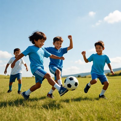 Boys playing soccer on grassy field