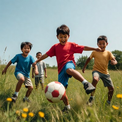 Boys playing soccer in grassy field