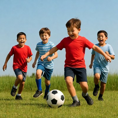 Boys playing soccer on grass field