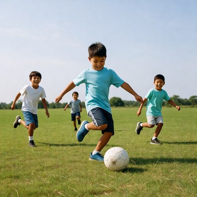 Asian boys kicking soccer ball on field