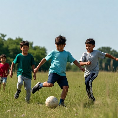 Boys kicking soccer ball in field