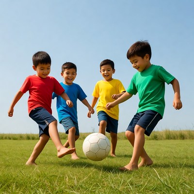 Boys playing soccer on grass