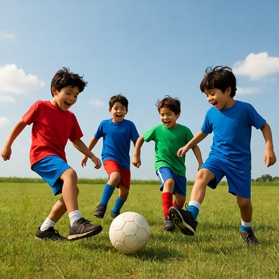 Asian boys playing soccer on grass