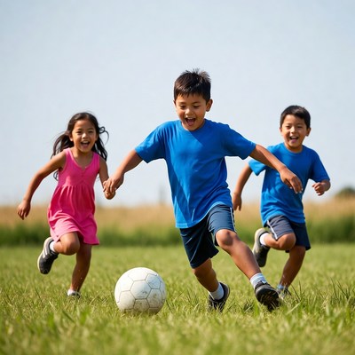 Asian kids playing soccer on grass