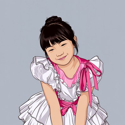 Smiling Asian girl in pink-trimmed dress