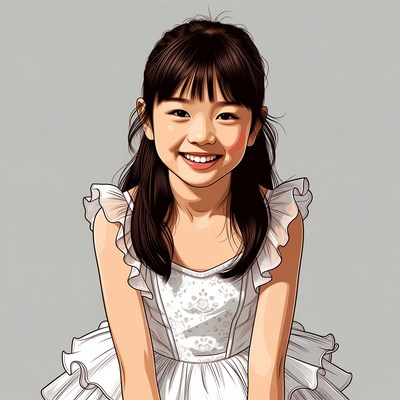 Asian girl smiling in white frilly dress