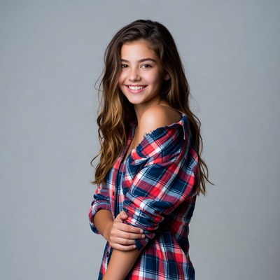 Smiling girl in plaid shirt