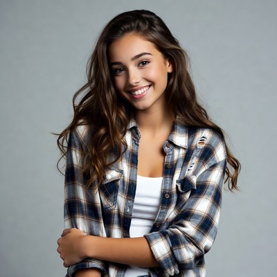 Smiling young woman in plaid shirt