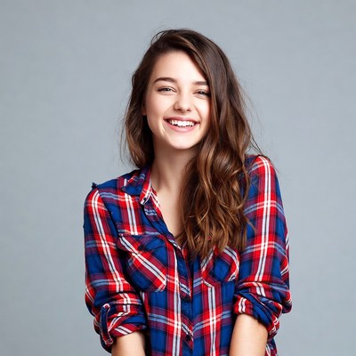 Smiling woman in plaid shirt