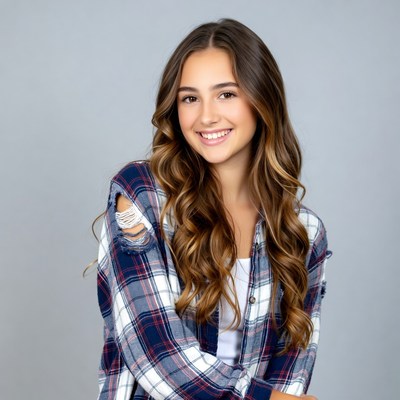 Smiling teenage girl in plaid shirt