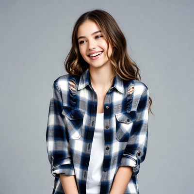 Smiling young woman in plaid shirt