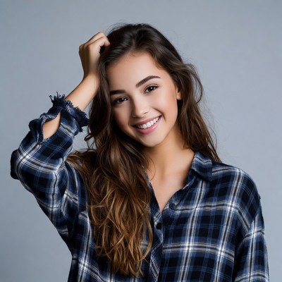 Smiling woman hand on hair