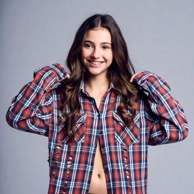 Teen girl smiling in plaid shirt