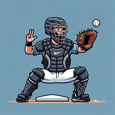 Cartoon Baseball Catcher Ready to Catch