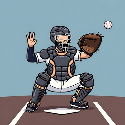 Cartoon Baseball Catcher Ready for Pitch