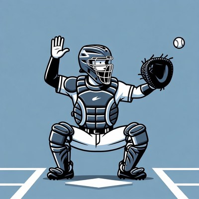 Cartoon Baseball Catcher Ready to Catch Ball