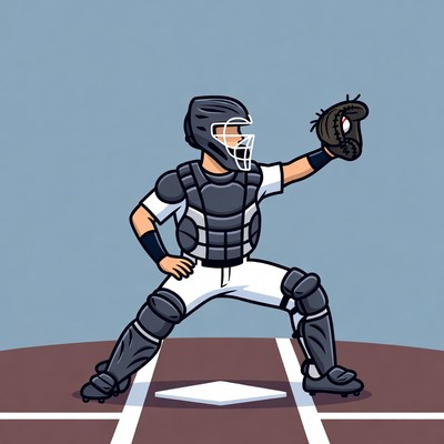 Cartoon Baseball Catcher in Position