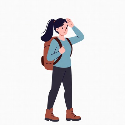 Woman shielding eyes with backpack