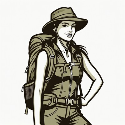 Woman hiker with backpack and hat