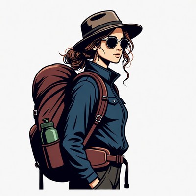Woman hiker with backpack and hat