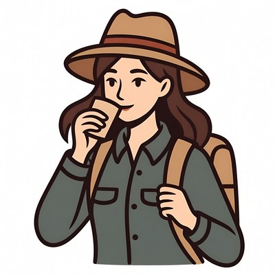 Woman drinking from cup with backpack