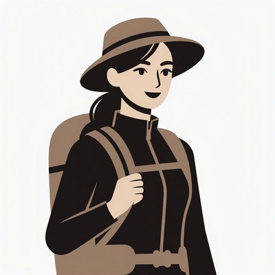 Asian woman hiker with backpack and hat
