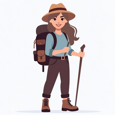 Woman hiker with backpack and walking stick