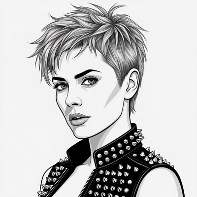 Woman with short spiky hair and studded vest