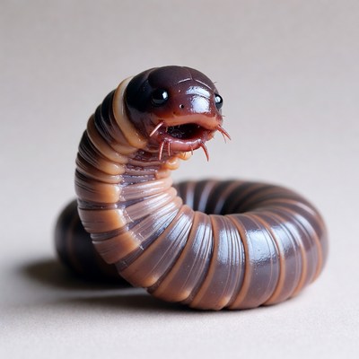 Curled brown centipede on white background