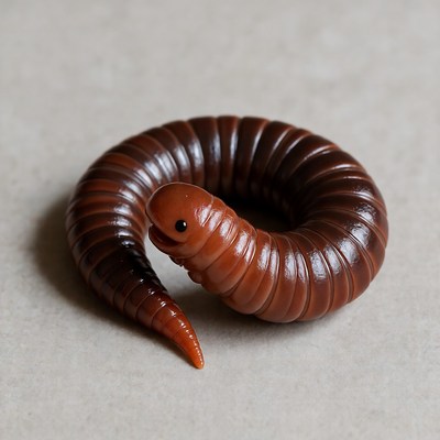 Curled red millipede on white background