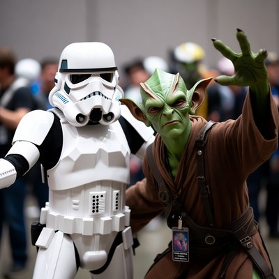 Stormtrooper and Yoda cosplayers posing together