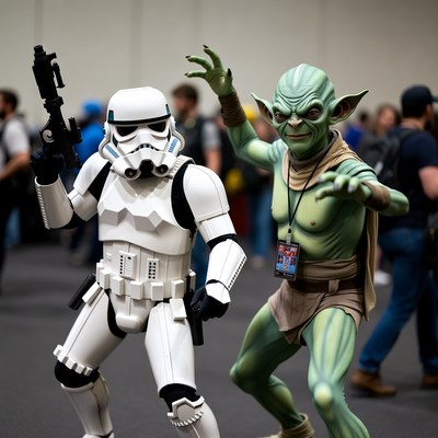 Stormtrooper and Yoda Cosplayers at Convention