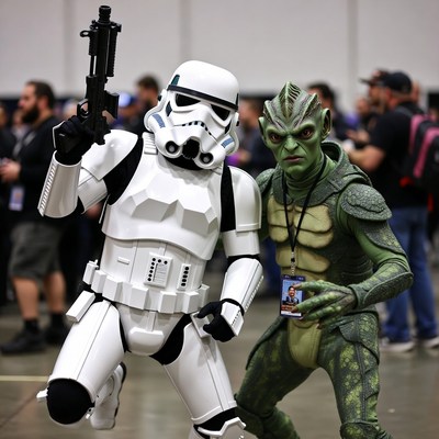Stormtrooper and Lizard Alien Cosplay at Convention