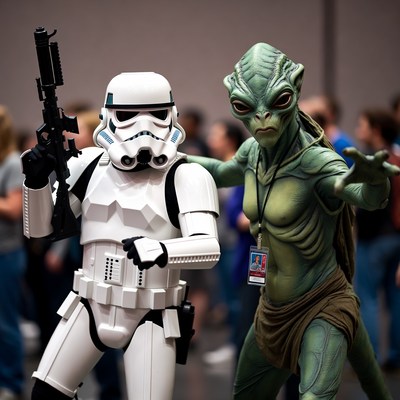 Stormtrooper and Alien Cosplayers Posing Together
