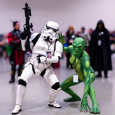 Stormtrooper posing with green alien woman