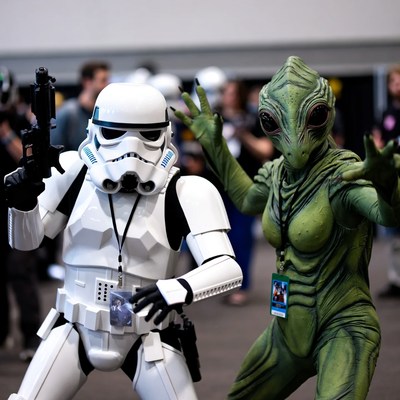 Stormtrooper and Alien Cosplayers Posing