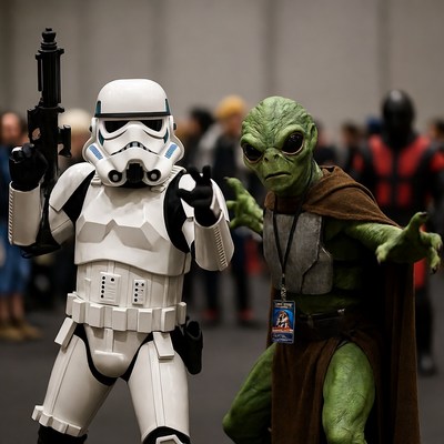 Stormtrooper and Yoda cosplay at convention