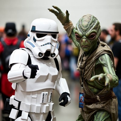 Stormtrooper and Yoda cosplay at convention