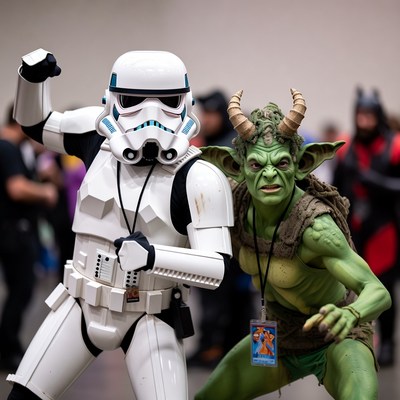 Stormtrooper Posing with Goblin Cosplayer
