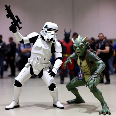 Stormtrooper Posing with Lizard Alien Cosplayer