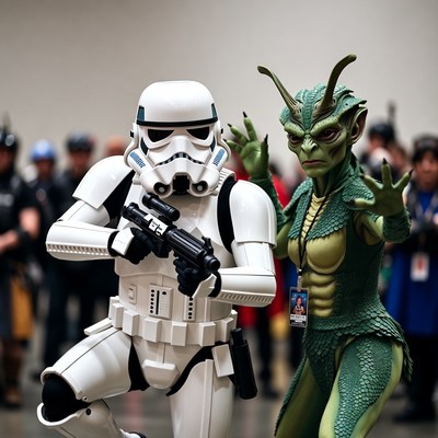Stormtrooper Posing with Green Alien Woman