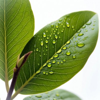 Green Leaf with Water Droplets