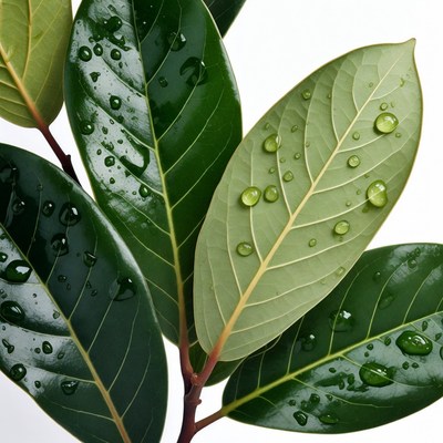 Wet Green Leaves with Water Droplets