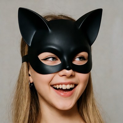 Girl smiling in black cat mask