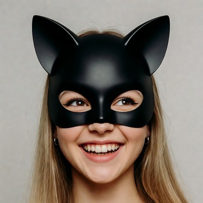 Woman smiling in black cat mask