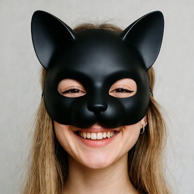 Woman smiling in black cat mask